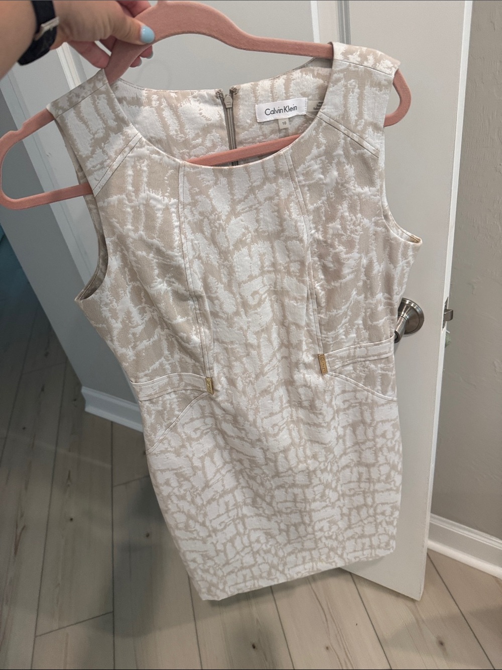 Calvin Klein Cream and White Textured Sheath Dress